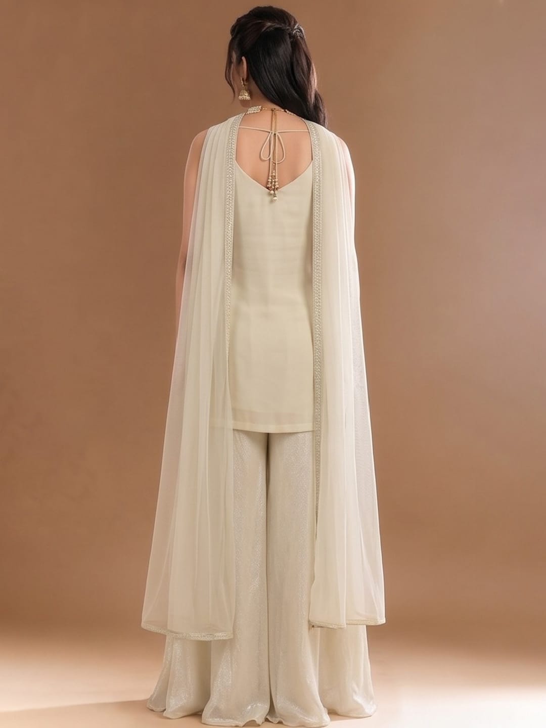 Women's Beads Embroidered Shimmer Short Kurta With Palazzo And Dupatta
