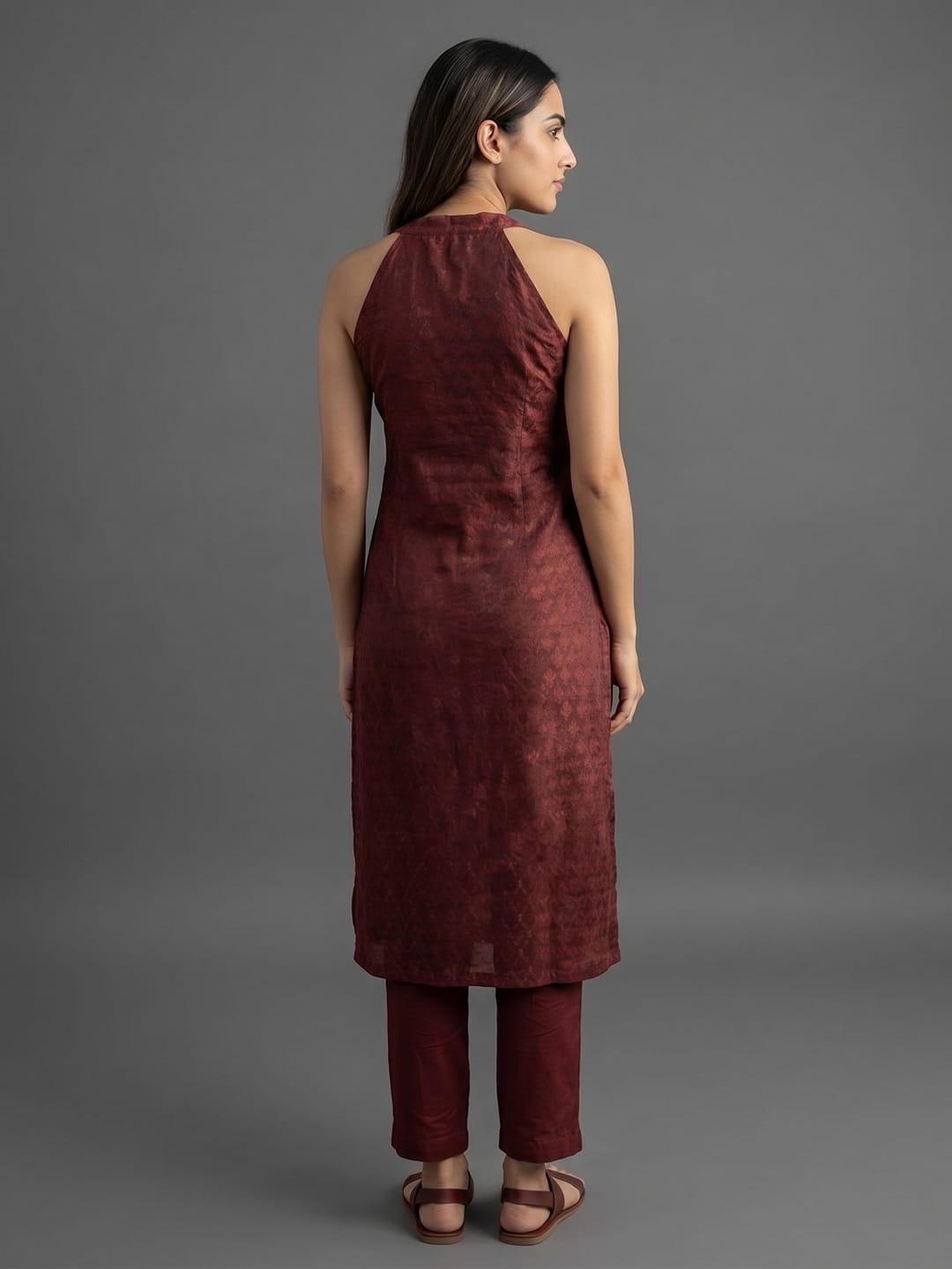 Women Maroon Woven Zari Embroidered Straight Kurta With Bottom And Dupatta