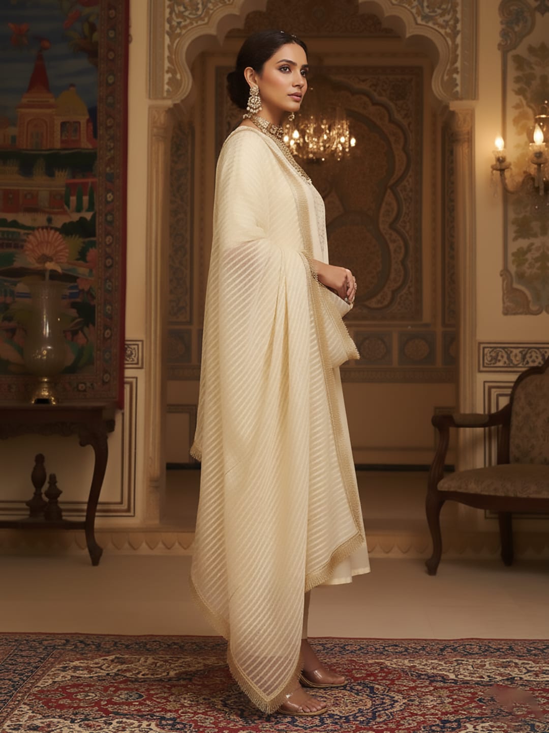 Varanga Women Zari Embroidered And Sequence Embellished With Organza Detailed Kurta With Bottom And Dupatta