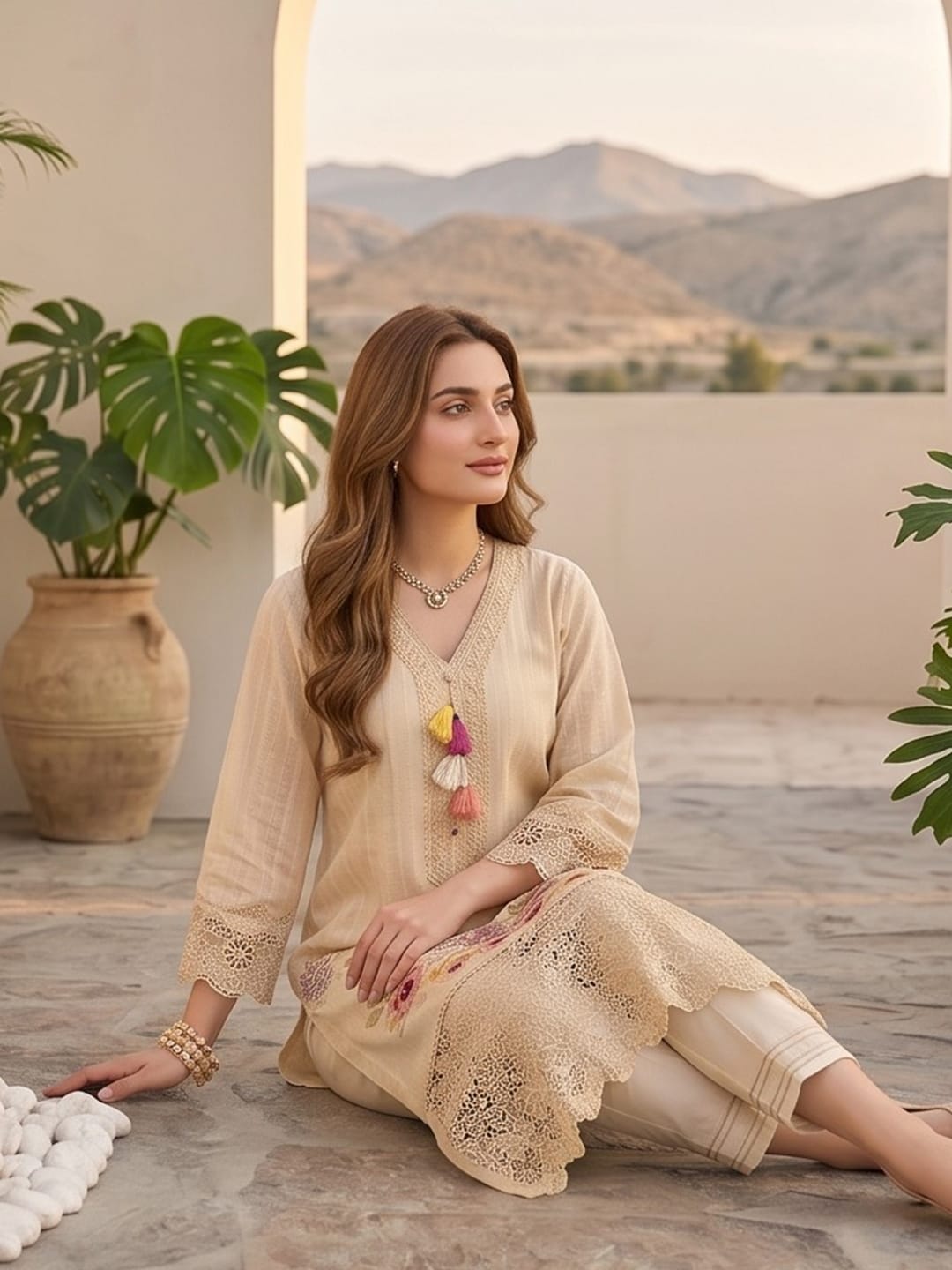 The Kurti Collection Women-Floral Motif Thread Embroidered Kurta With Trouser & Dupatta