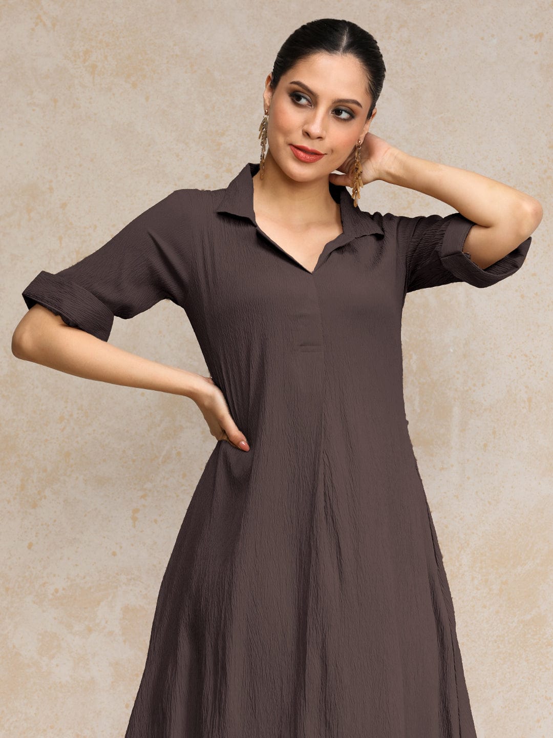 The Kurti Collection Women Beige Shirt Collar A Line Dress