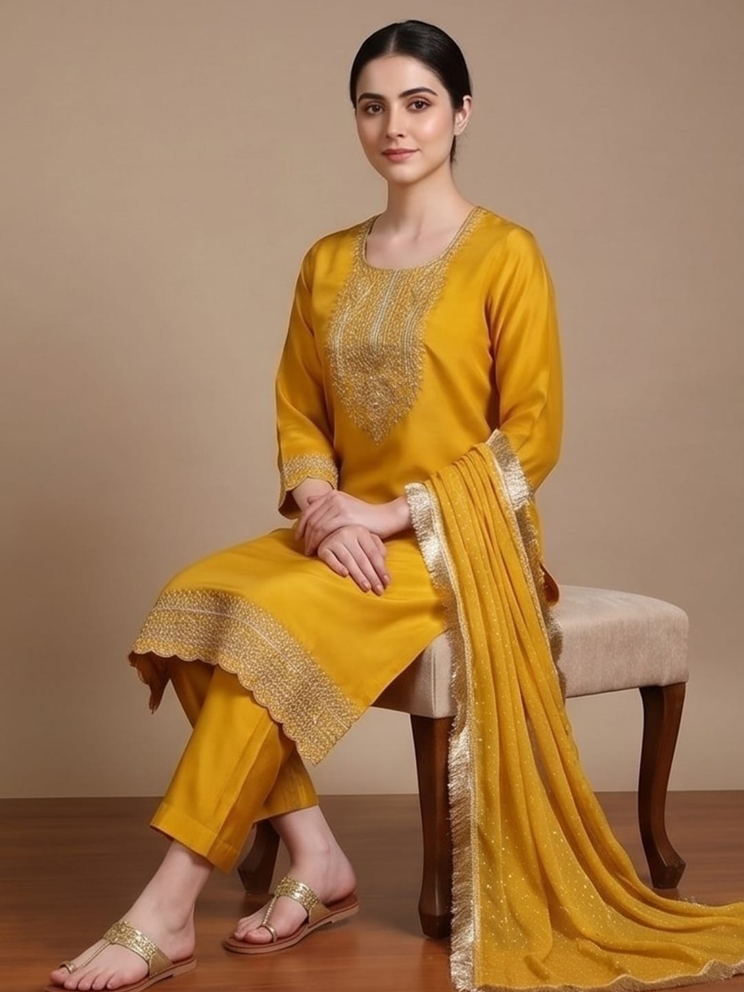 Varanga Zari embroidered yoke Kurta With trouser and Dupatta