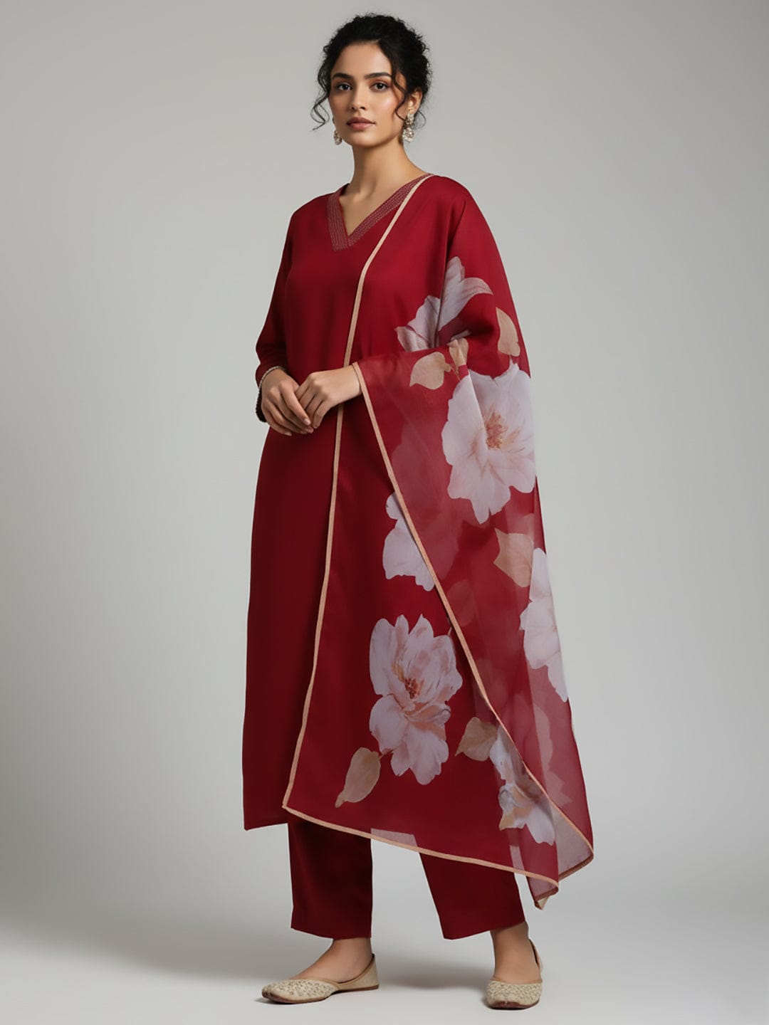 The Kurti Collection Women Thread Embroidere Yoke With Lace Detailing Kurta And Trouser With Dupata