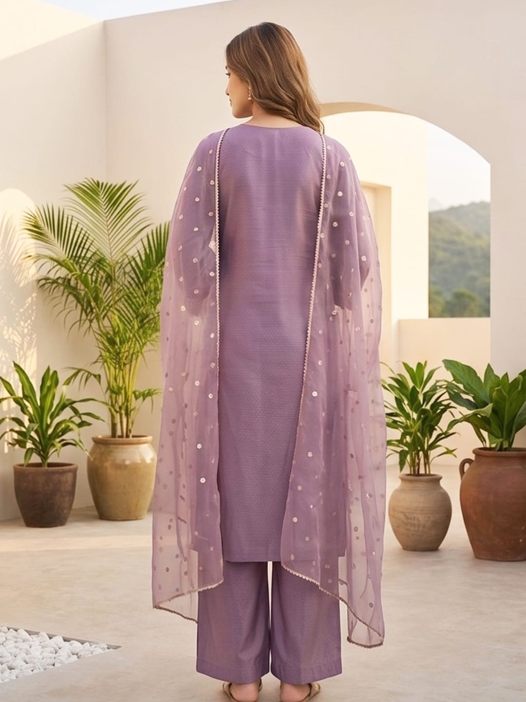 Varanga Women Elegant Three-Piece Brown Shimmer Kurta Set With Solid Ankle-Length Trousers, And An Embroidered Dupatta