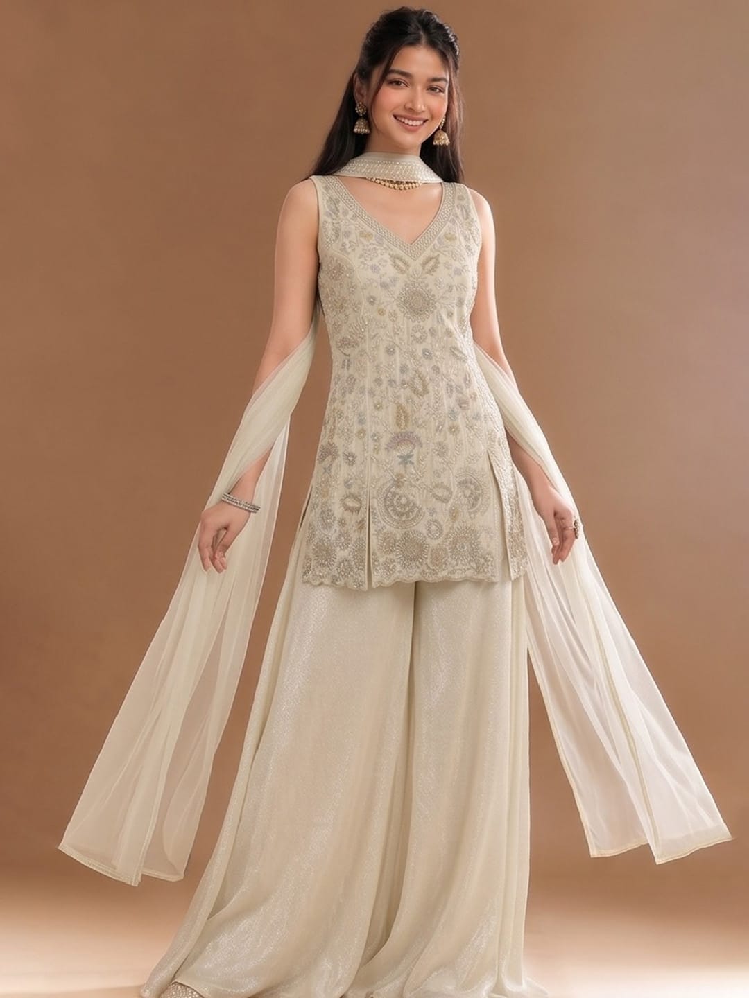 Women's Beads Embroidered Shimmer Short Kurta With Palazzo And Dupatta