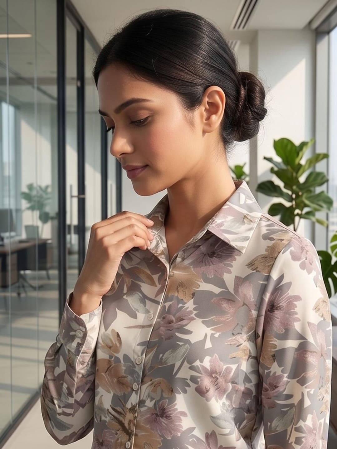 White Coloured Slim Collar Long Sleeves Floral Shirt
