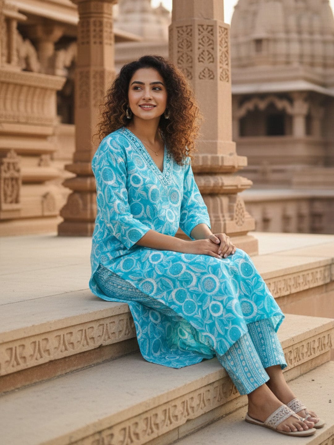 Turquoise Bloom pure cotton kurta Set