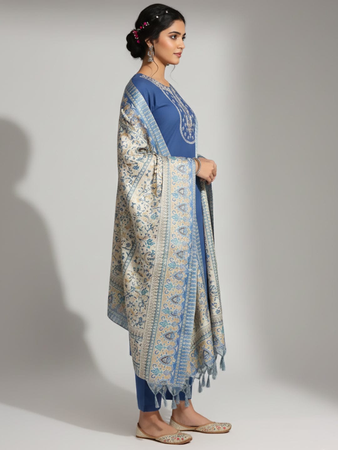 The Kurti Collection Women Embroidered Yoke Straight Kurta Paired With Tonal Bottom And Printed Bhagalpuri Dupatta