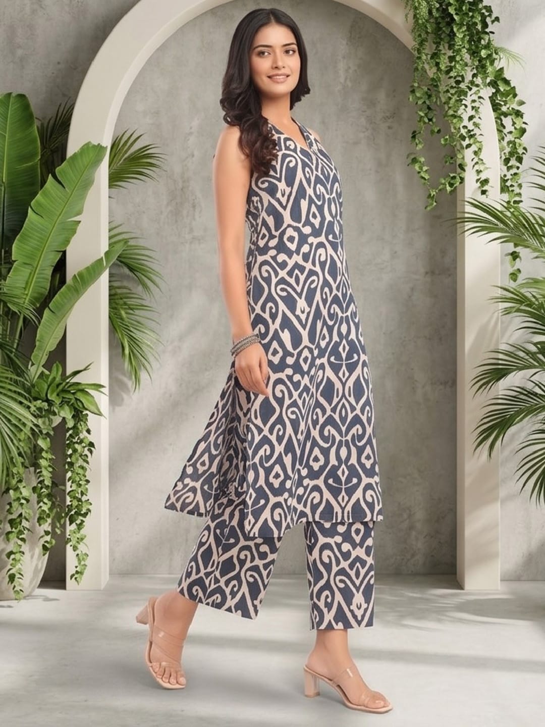 The Kurti Collection Women Blue Ikat Printed Straight Kurta With Bottom