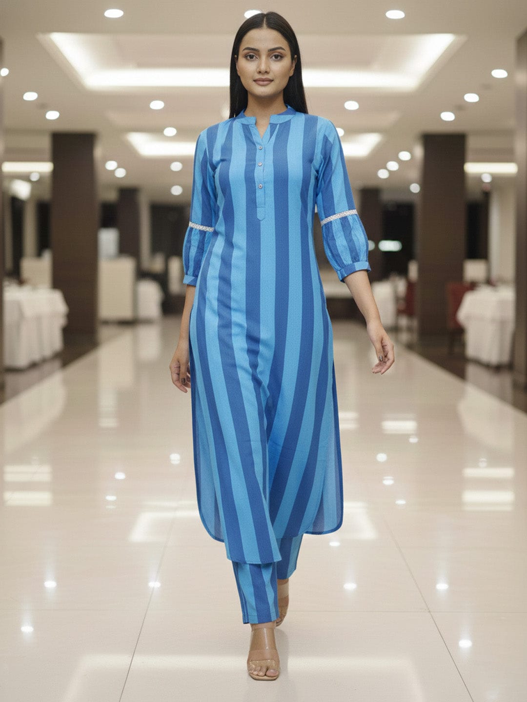 Aqua Blue Vertical Stripe Kurta Set