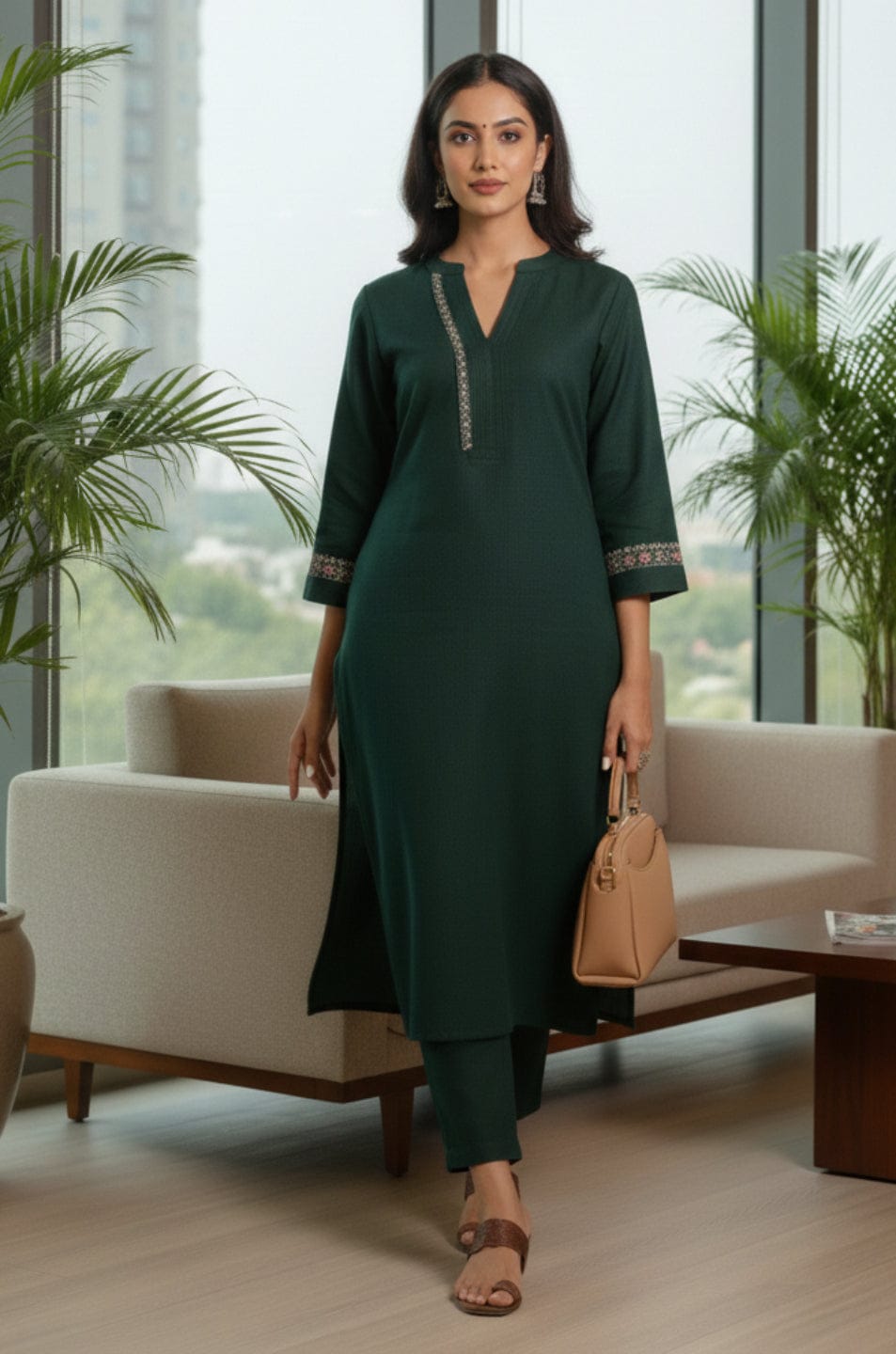 The Kurti Collection Women Green Mandarin Collar Thread Embroidered With Pleate Deatialing Kurta Paired With Bottom