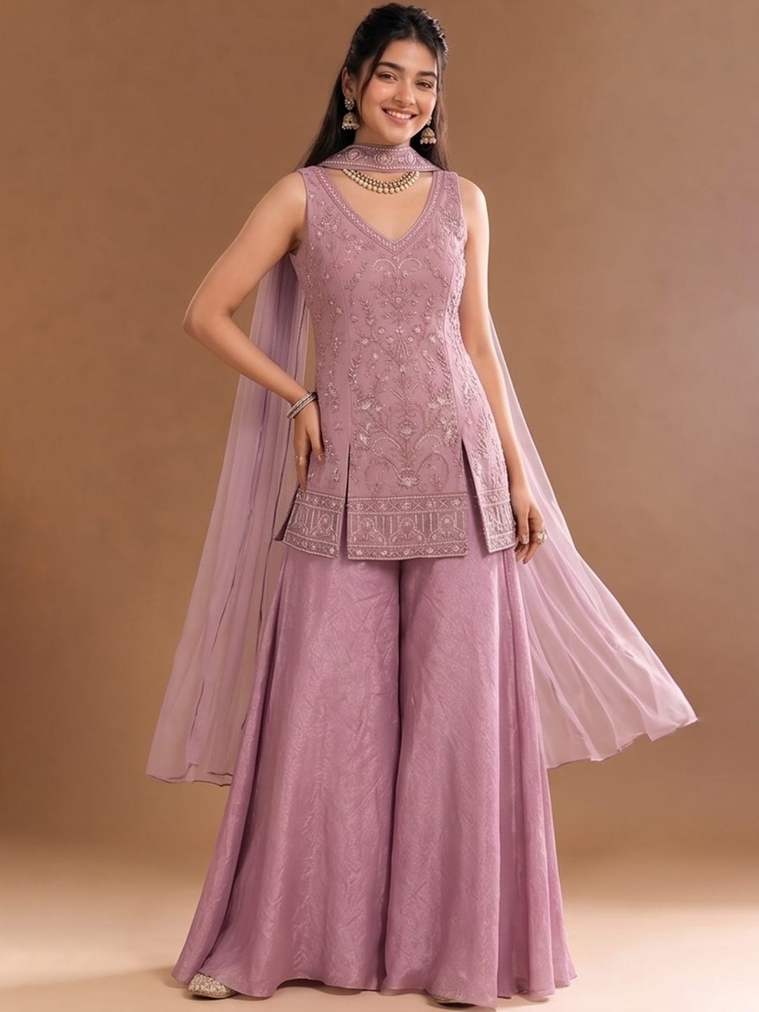 Women's Embroidered Shimmer Short Kurta With Palazzo And Dupatta