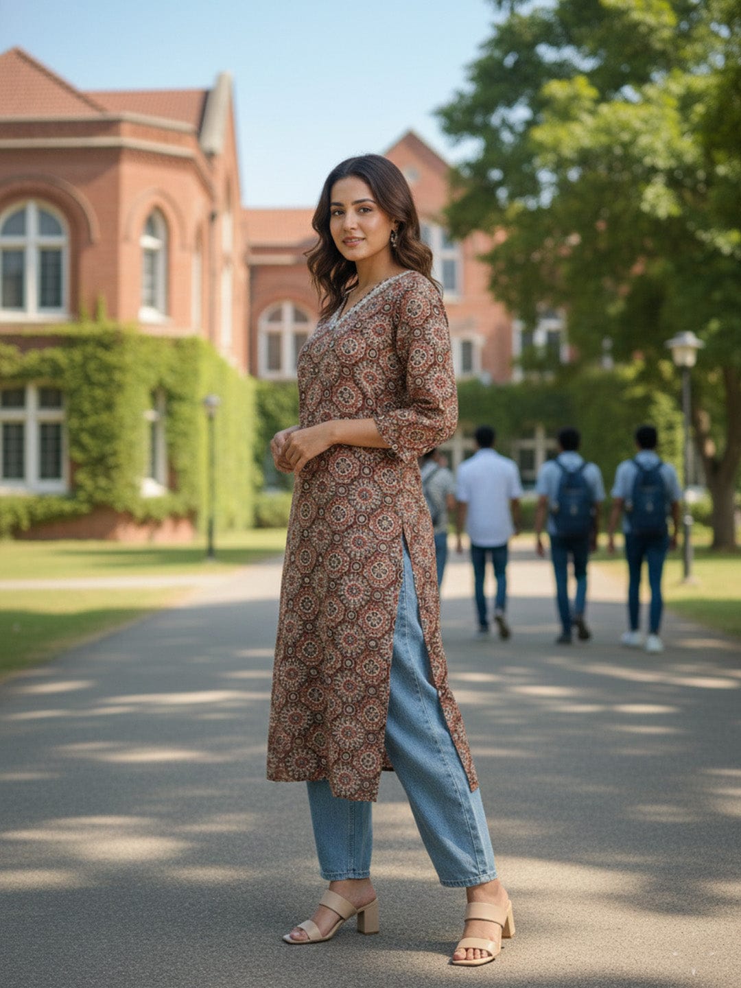 The Kurti Collection Traditional Jal Pattern Brown Kurta for Women