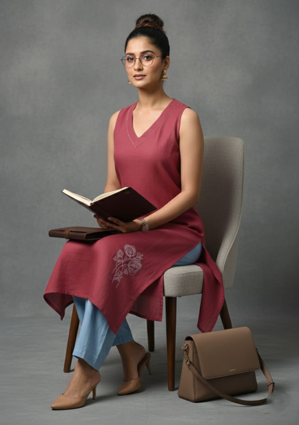 Sleeveless Solid Kurta with V-Neck and Subtle Floral Embroidery