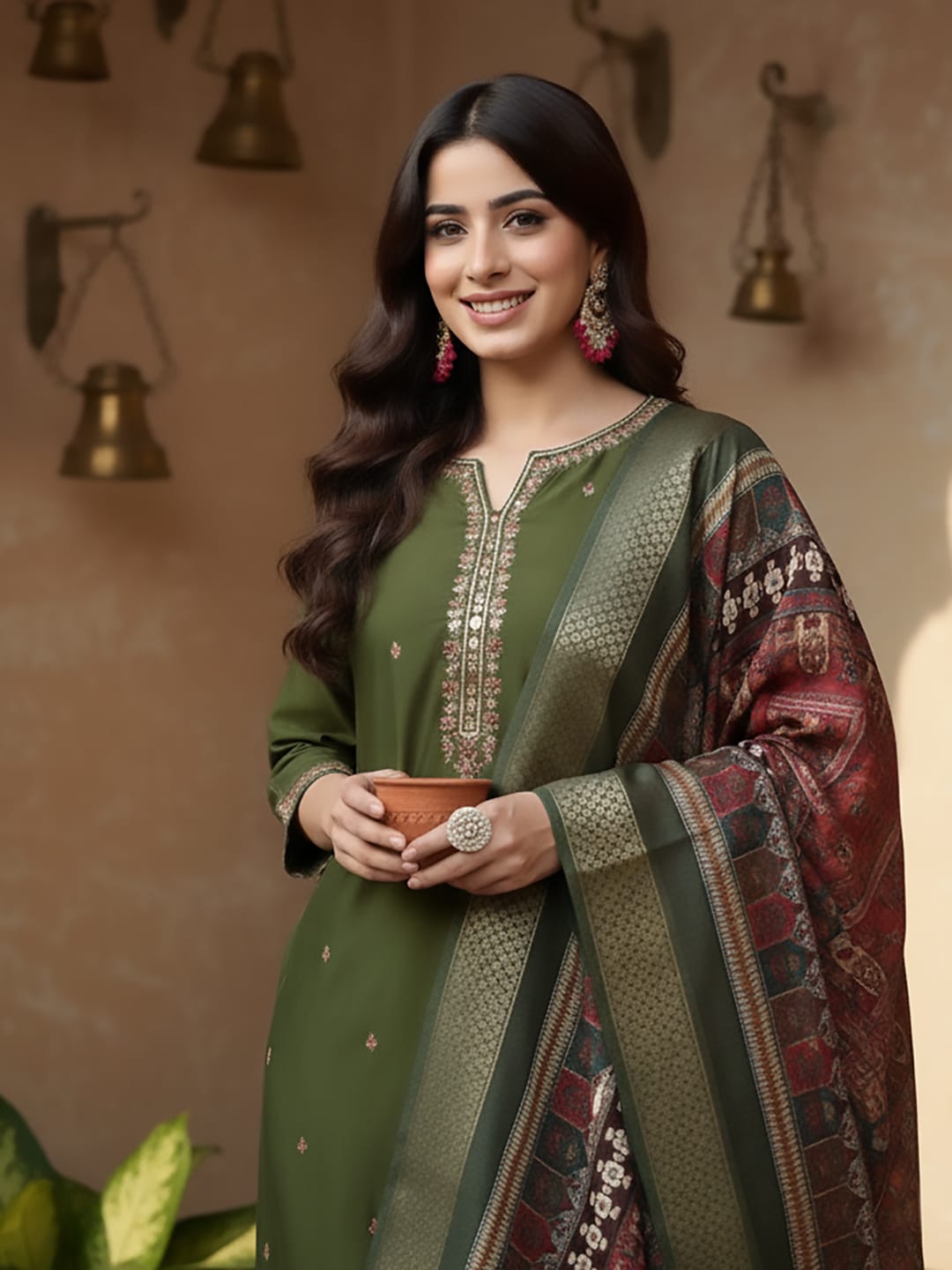 Varanga Women Olive Green Round Neck Placement Embroidered Kurta Paired With Tonal Bottom & Printed Dupatta