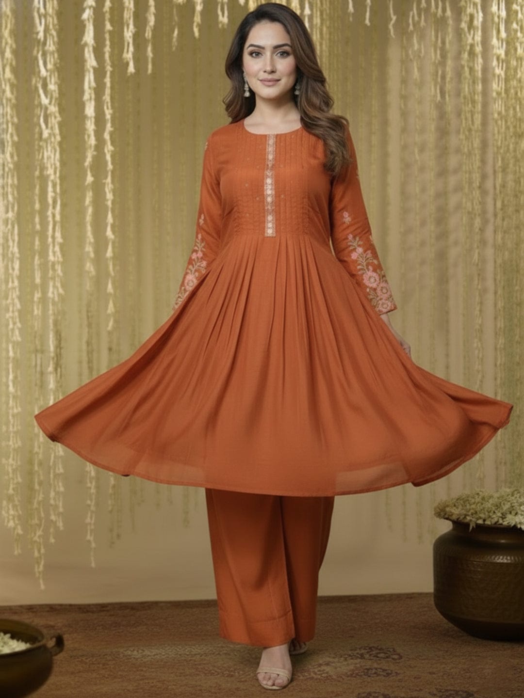 Rust Embroidered Floral Kurta Set