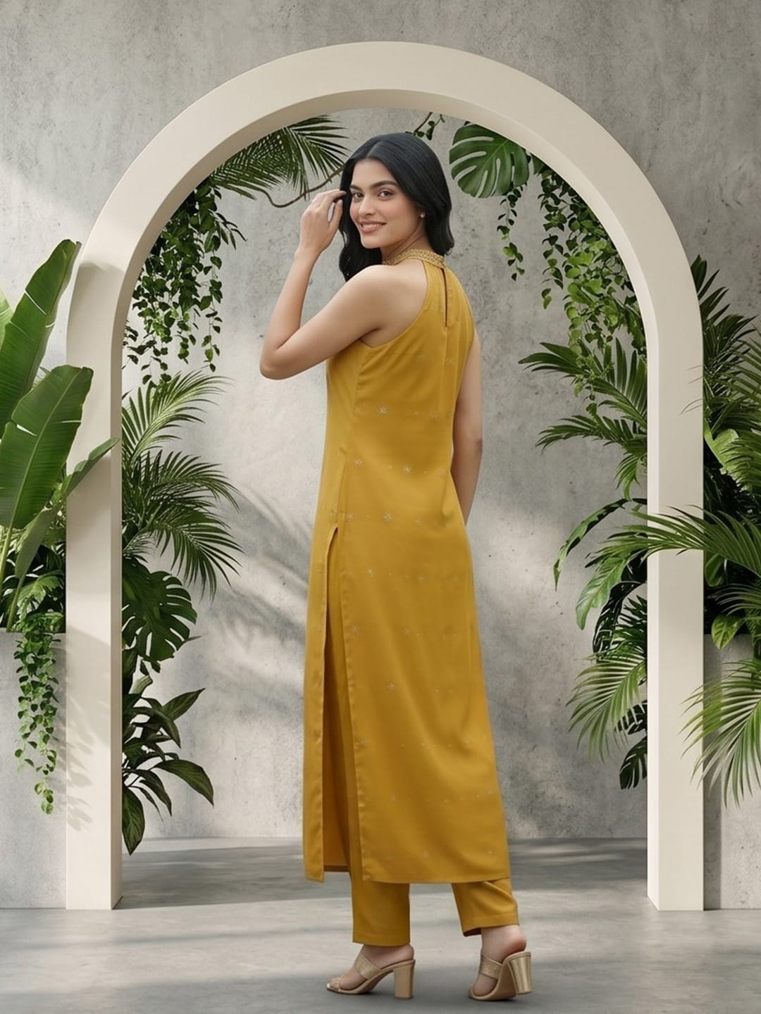 The Kurti Collection Women Mustard Halter Neck Straight Lurex Kurta with trouser