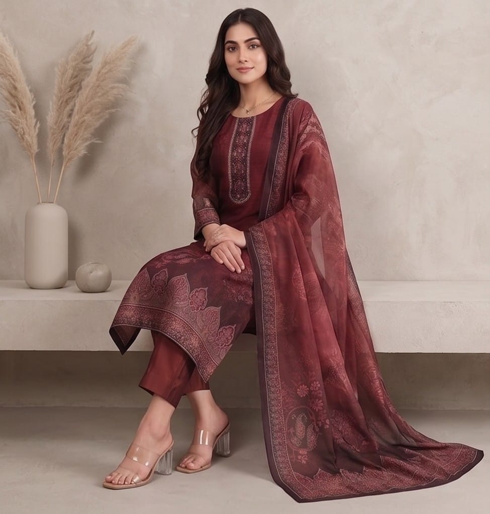 The Kurti Collection Women Maroon Floral Printed Kurta Paired With Bottom & Dupatta