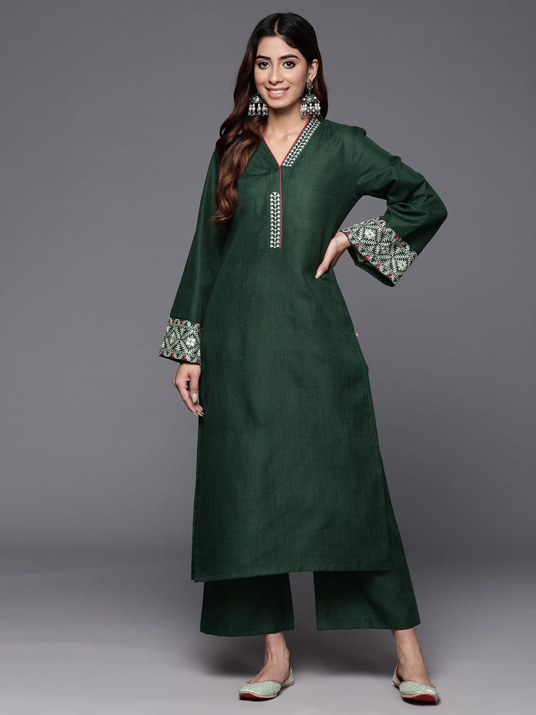 The Kurti Collection Women Green Embroidered Long & Flared Sleeves Kurta With Tonal Bottom