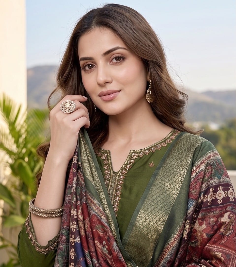 Varanga Women Olive Green Round Neck Kurta With Tonal Bottom & Printed Dupatta