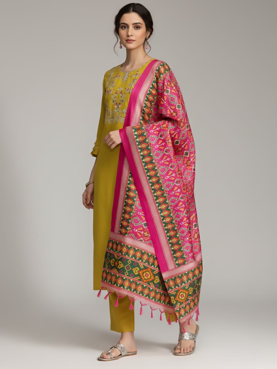 The Kurti Collection Women Yellow Yoke Design Kurta with Trousers and Dupatta Set