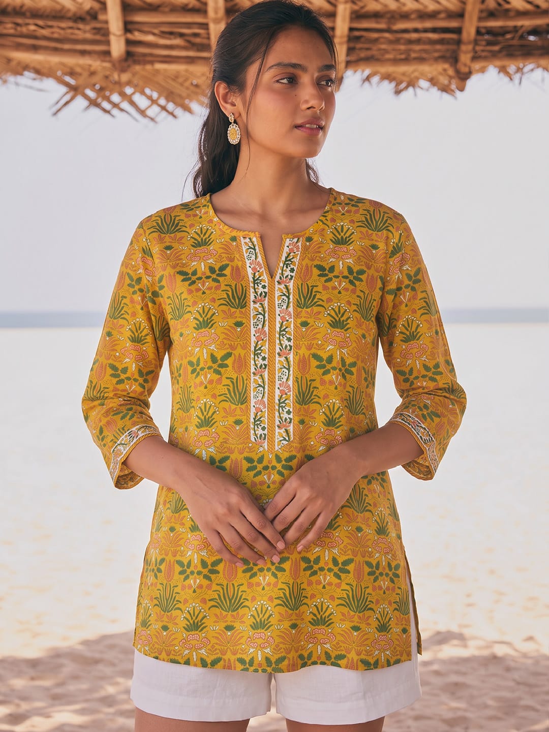 Mustard Yellow Botanical Print Notch-Neck Short Kurta