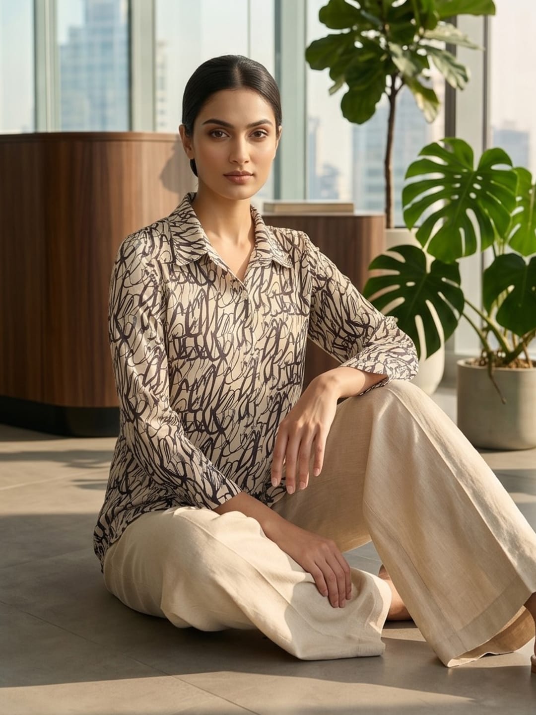 Cream Coloured Slim Collar Long Sleeves Abstract Shirt