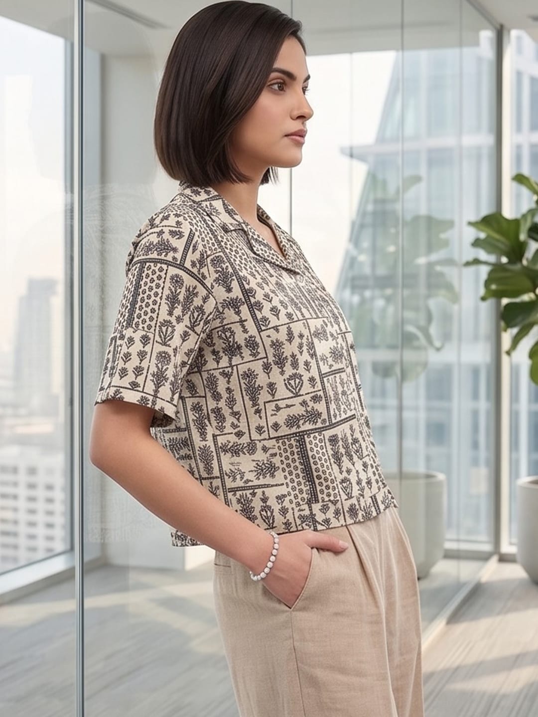 Beige Coloured Short Sleeves Shirt Collar Top