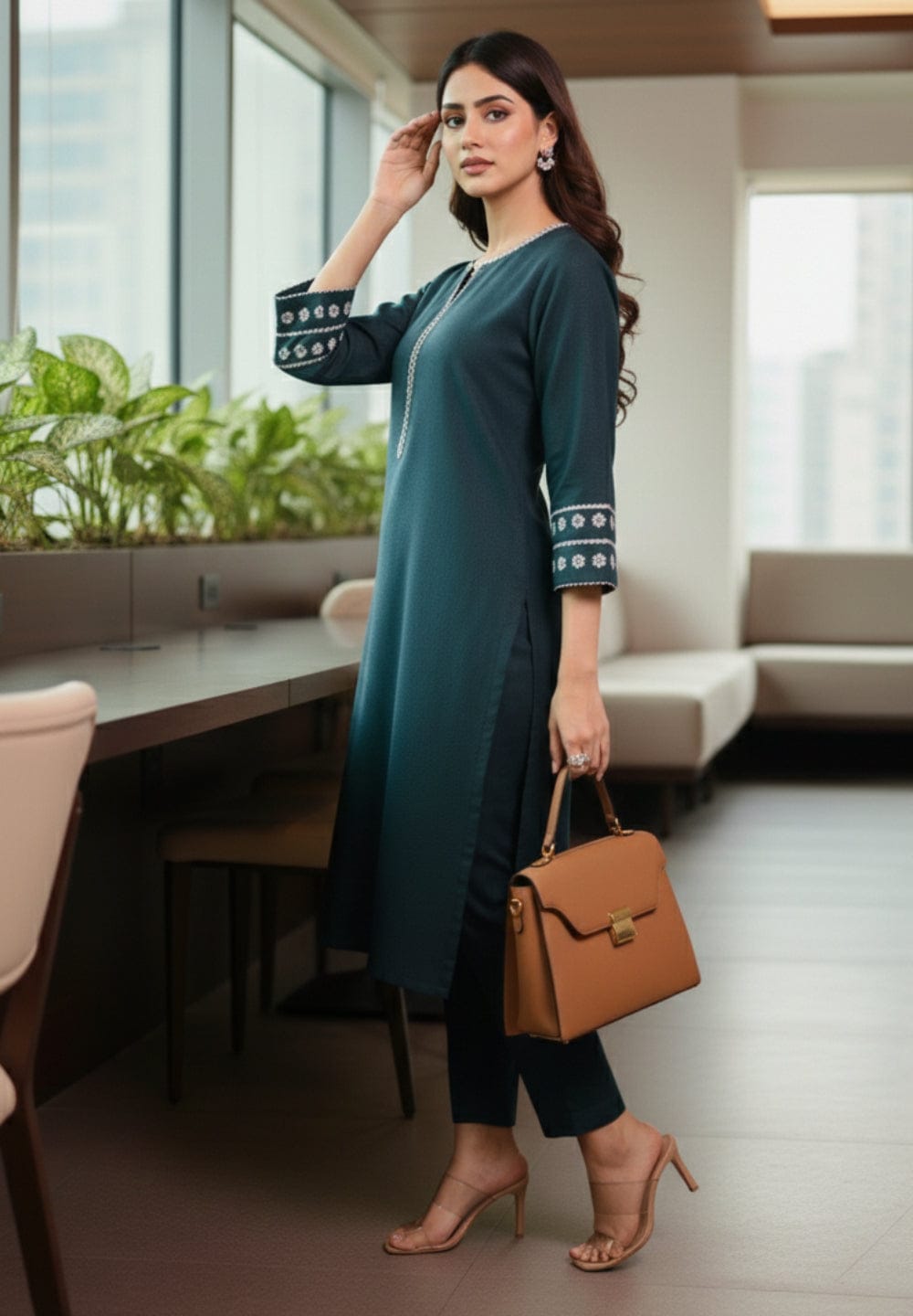 The Kurti Collection Women Bottle Green Embroidered Kurta Set