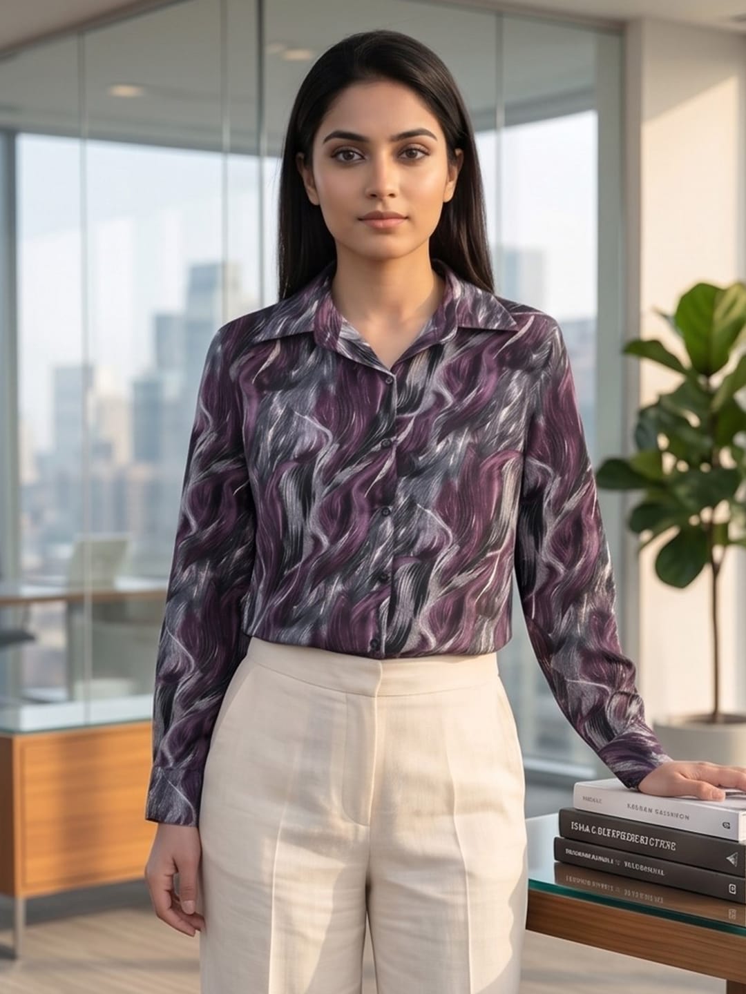 Purple Coloured Slim Collar Long Sleeves Abstract Shirt
