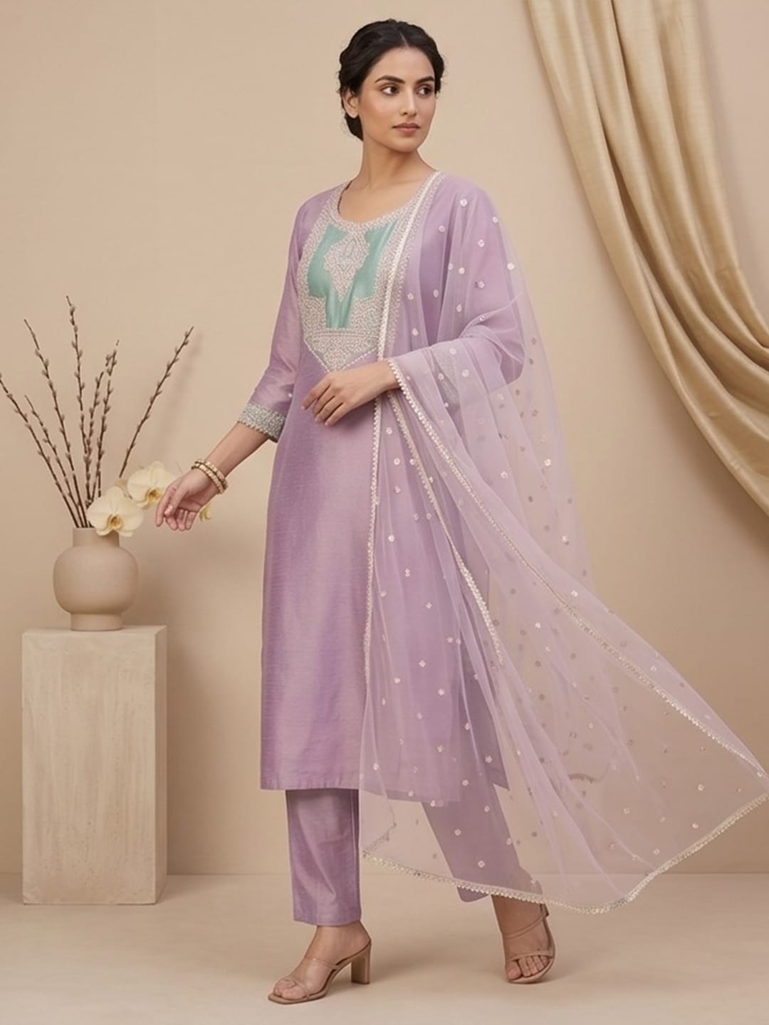Varanga Women Shimmer Kurta Set With A Sequin-Detailed Net Dupatta