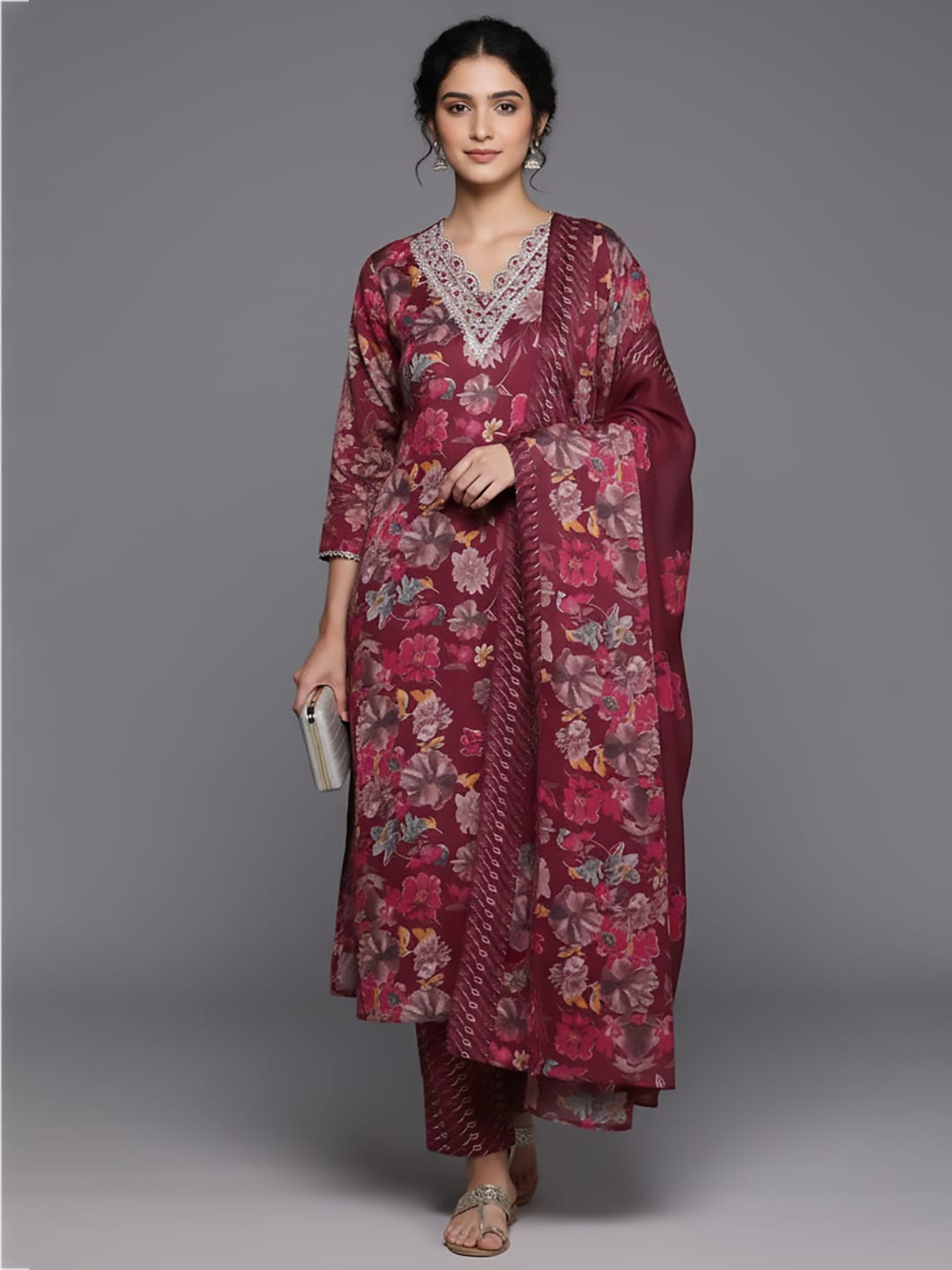 The Kurti Collection Women Maroon Floral Printed Embroidered Kurta Paired With Bottom And Dupatta
