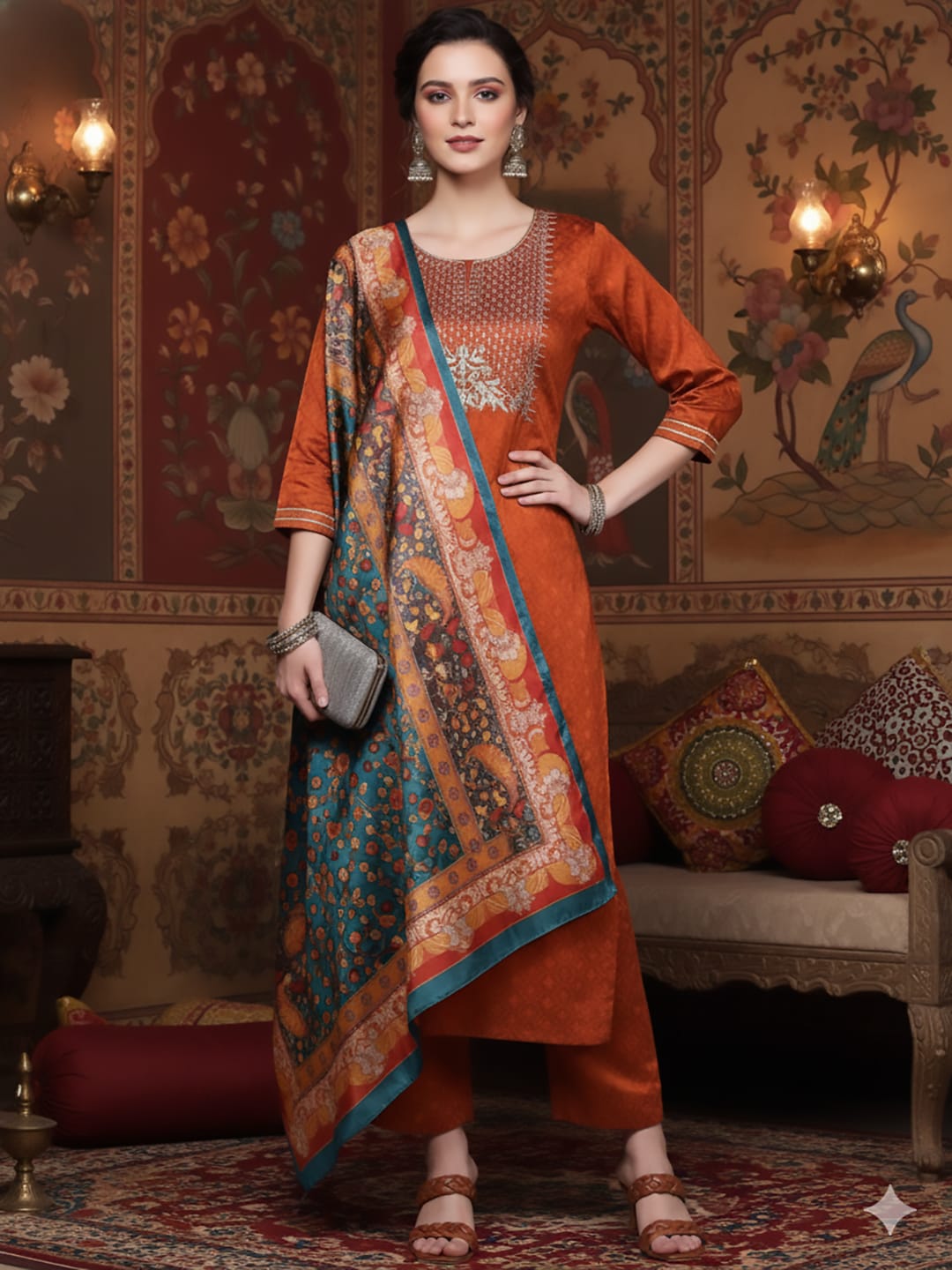 The Kurti Collection women jaquard kurta set with printed dupatta