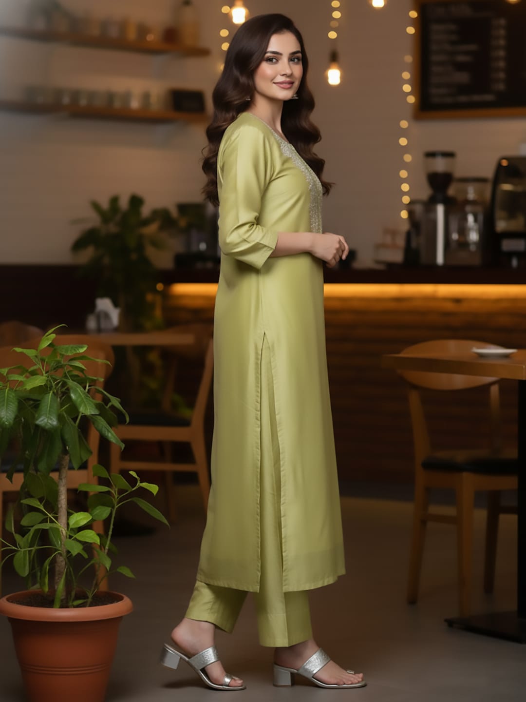 The Kurti Collection Women Green Floral Embroidered Regular Chanderi Silk Kurta with Trousers & With Dupatta