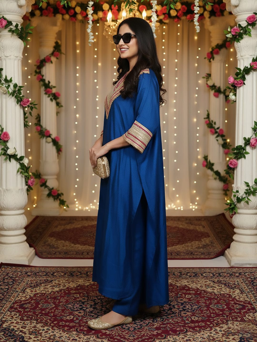 Zari Embroidered Lace Neck Flared Kaftan with Trouser