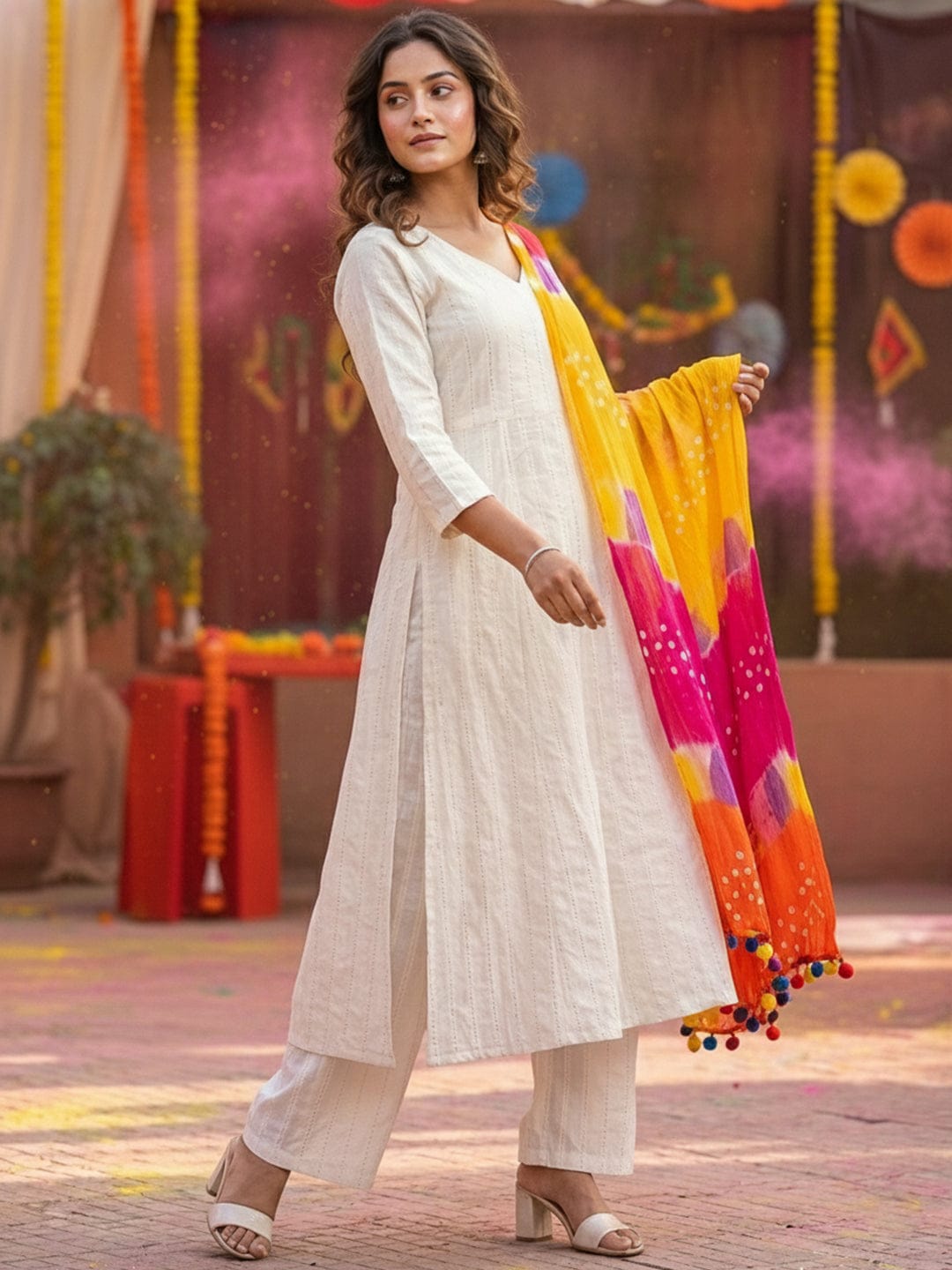Women's Ivory A-Line Kurta with Vertical Stripes