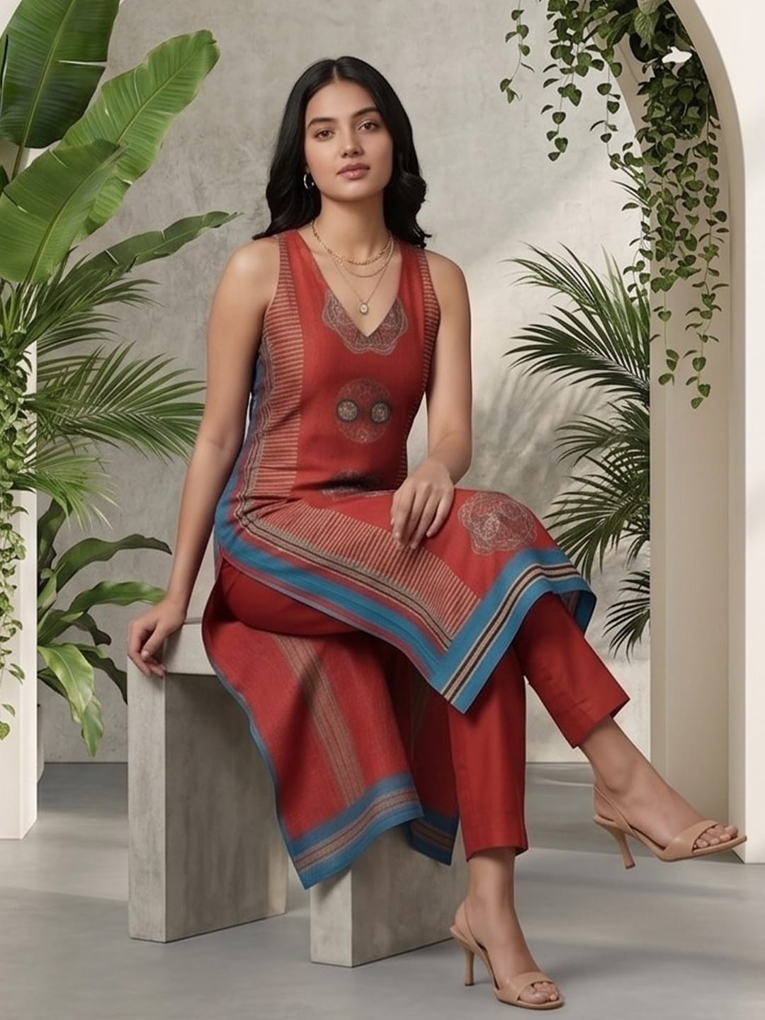 Everyday-ready rust A-line V-neck kurta paired with soft, elasticated solid trousers.