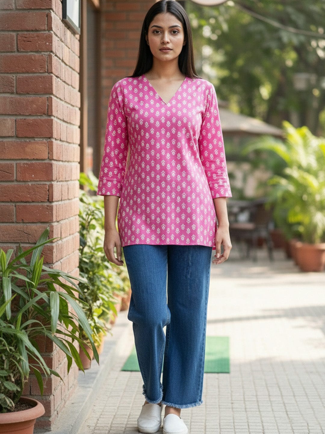 The Kurti Collection Casual Berry Pink Printed Top with 3/4 Sleeves