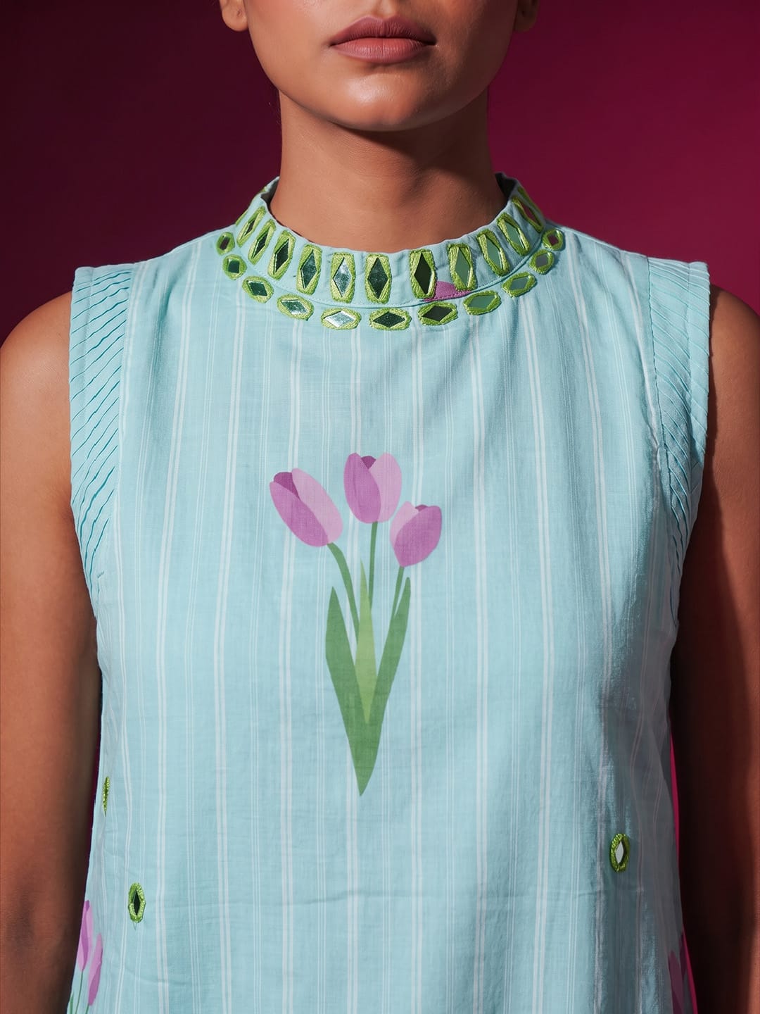 Sky Blue Tulip Print Halter Neck Kurta Set With Wide-Leg Trousers