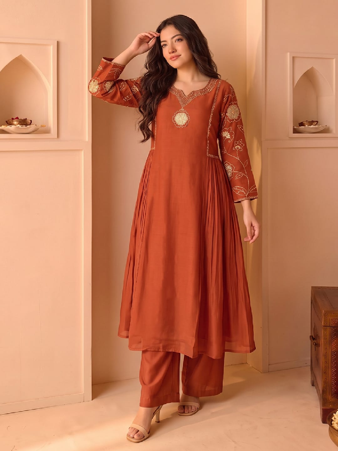 Rust Embroidered Shimmer Kurta Set With Embroidered Dupatta