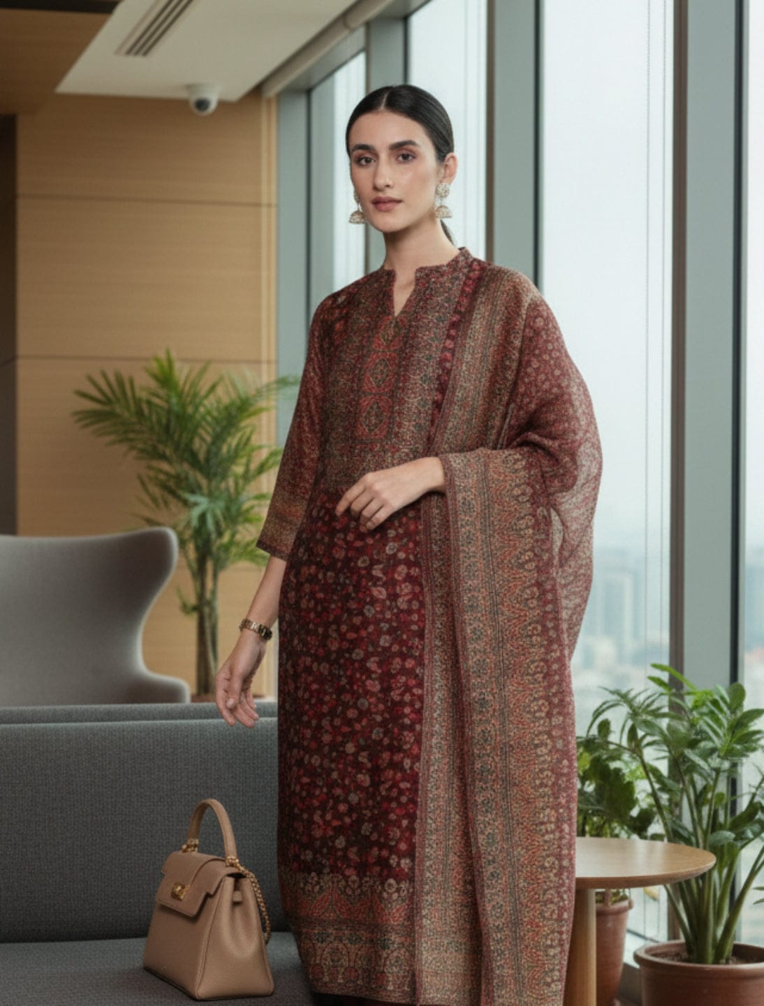The Kurti Collection Women Brown Printed Straight Kurta Paired With Solid Bottom And Printed Dupatta
