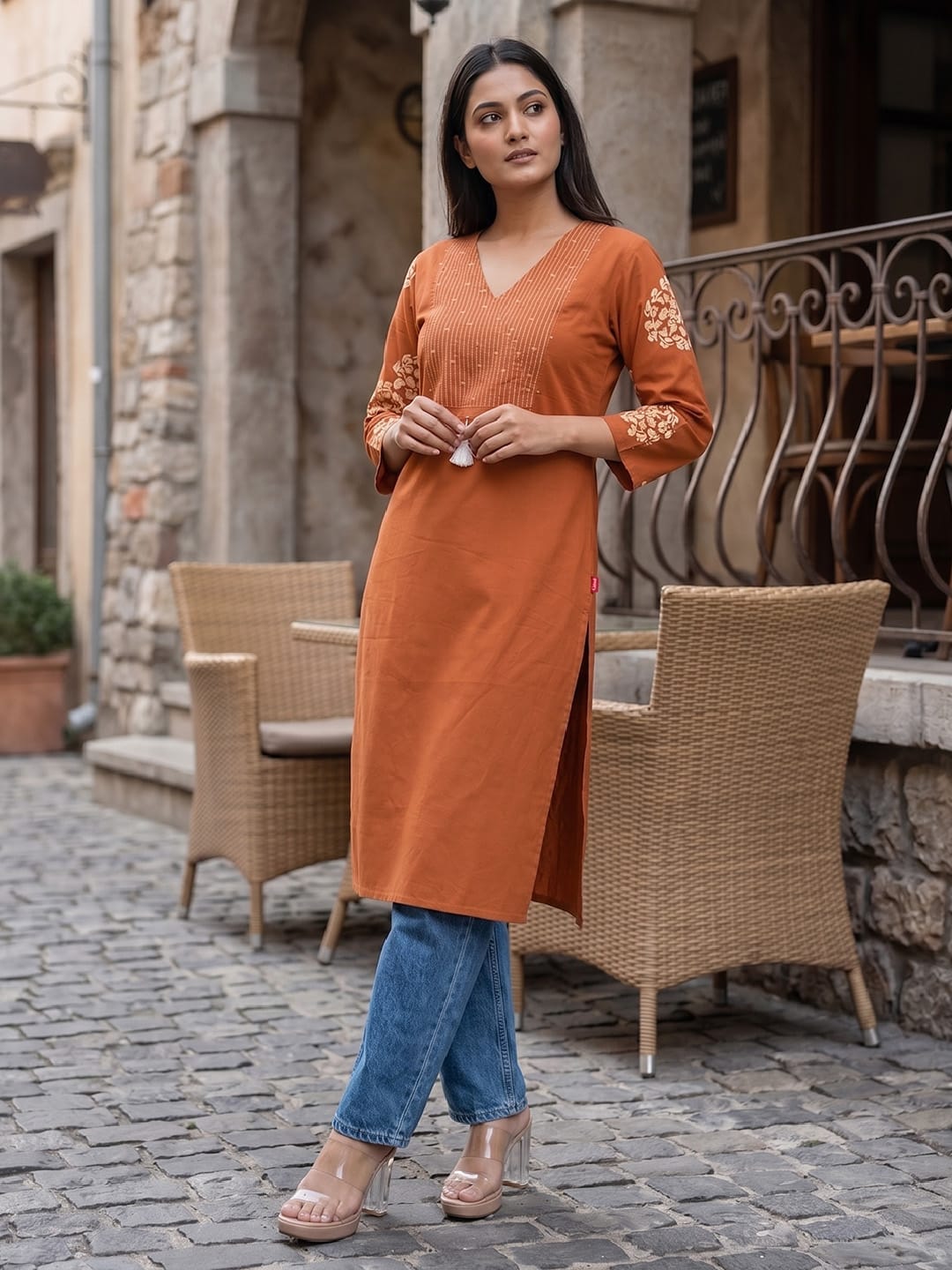 Rust Straight Kurta with Embroidered Yoke