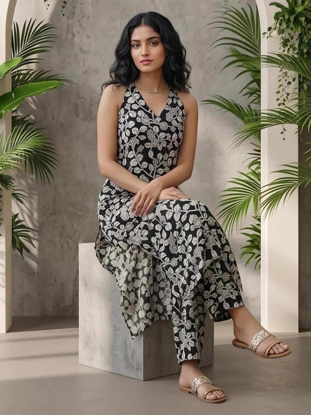 Sleeveless halter-neck floral kurta set in black and white tone, styled with printed full-length trousers.