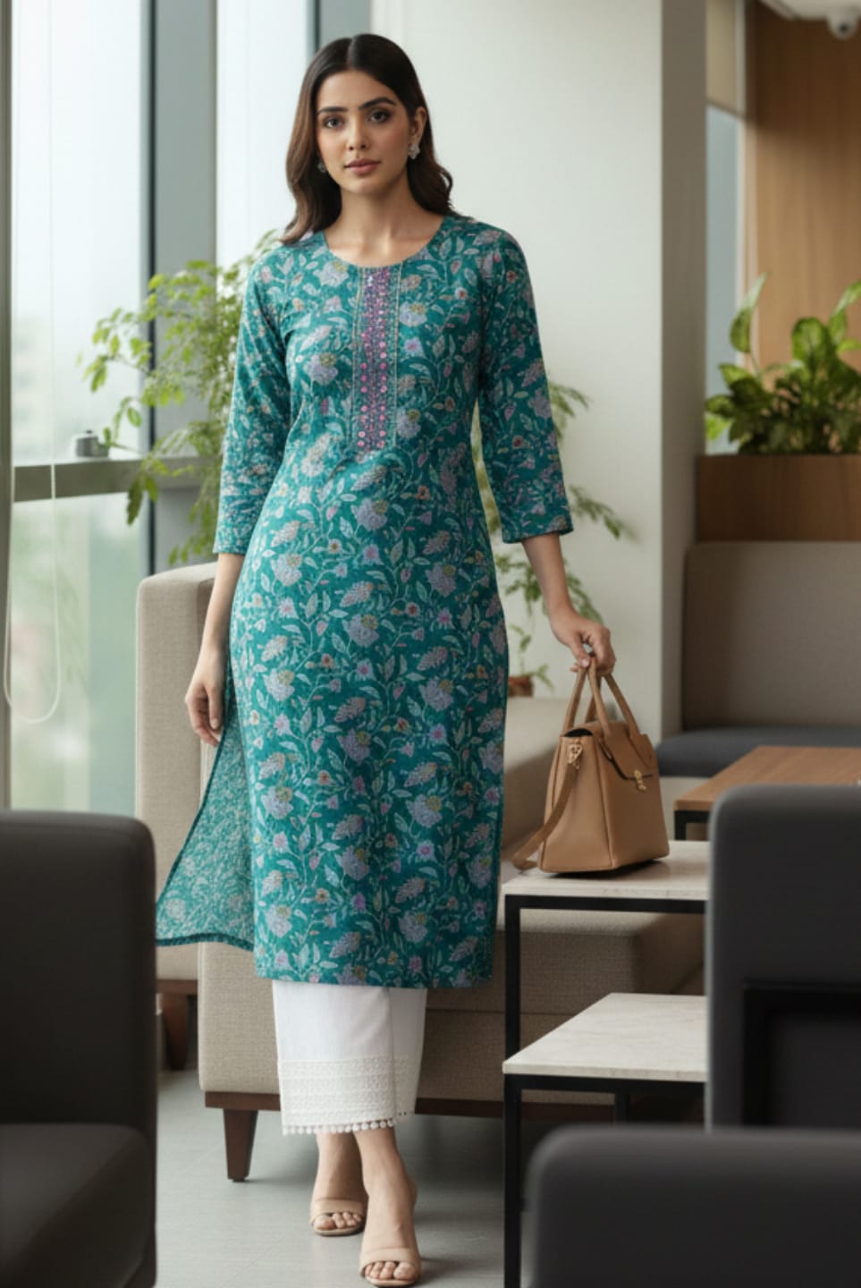 The Kurti Collection Women Turquoise Blue Floral Printed Straight Kurta
