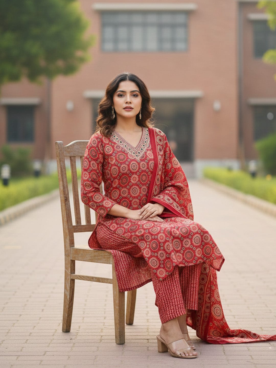Rust & Orange printed suit set in pure cotton