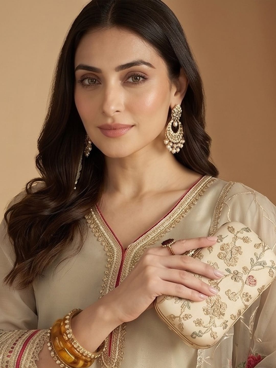 Varanga Women Three-Piece Set Featuring A Shimmer-Detailed Grey Kurta, Solid Ankle-Length Trousers, And An Embroidered Net Dupatta