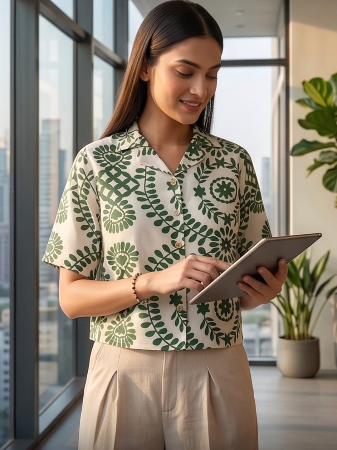 Green Coloured Short Sleeves Shirt Collar Top