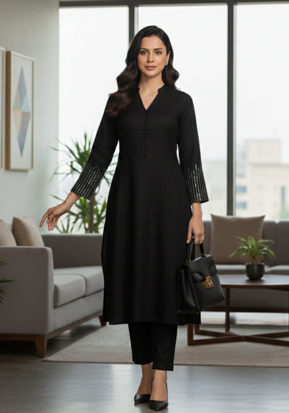 Black Mandarin Witn V Neck Anarkali Front Slit Detailing With Trouser