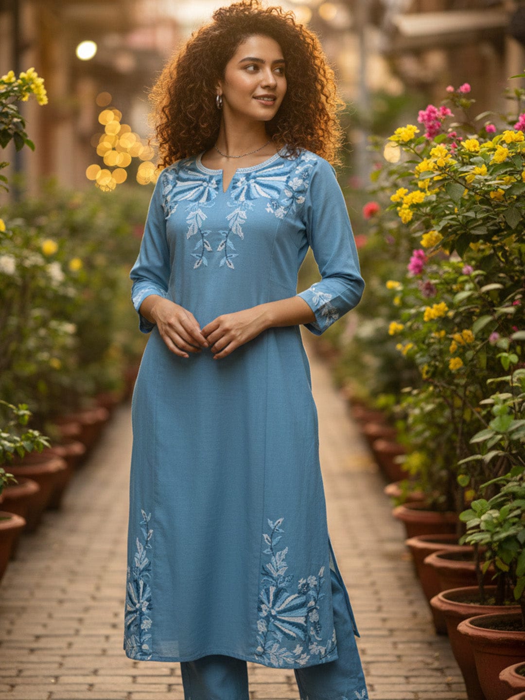 The Kurti Collection women's ethnic solid skyblue round neck with v notch A line kurta with elegant emb. and 3/4 sleeves.