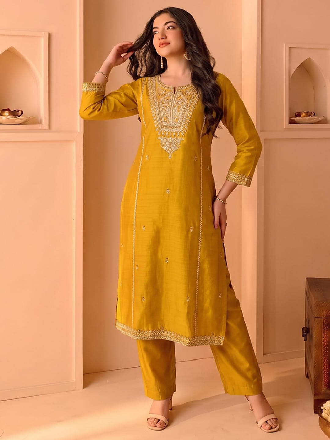 Mustard Embroidered Kurta Set, Paired With A Shiny Striped Dupatta